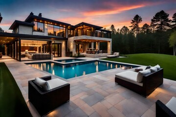 In the enchanting twilight, the exterior of a new luxury home stands as a testament to refined elegance
