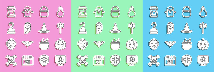 Set line Pumpkin, Wooden axe, Halloween witch cauldron, Owl, Pirate hook, Bottle with potion and Witch hat icon. Vector