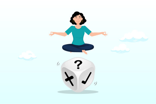 Businesswoman meditate on rolling dice think of result of right, wrong or question mark, business decision, chance and uncertainty to win business, risk, randomness, luck, advice, suggestion (Vector)