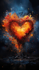 Burning heart on a black background. Red and orange colors.