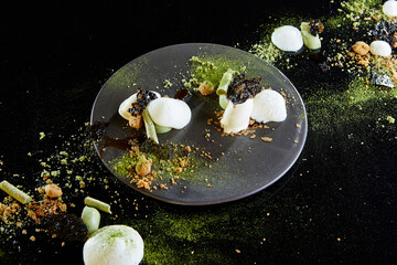 luxury chef signature western fine dining cuisine art baked matcha cake with ice cream and...