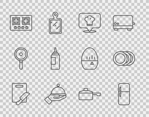 Set line Cutting board and knife, Refrigerator, Chef hat with location, Covered tray, Gas stove, Sauce bottle, Frying pan and Plate icon. Vector