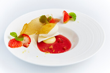 luxury chef signature western fine dining cuisine art baked berries cake with ice cream and chocolate nuts platter on dark background halal dessert pastry beautiful food menu for hotel restaurant