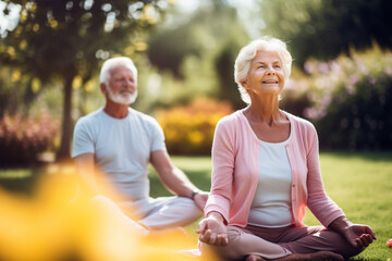 Elderly Couple Doing Yoga in the Lotus Position on a Park