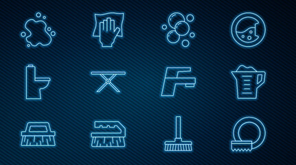 Set line Washing dishes, powder, Soap water bubbles, Ironing board, Toilet bowl, Water spill, tap and Cleaning service icon. Vector