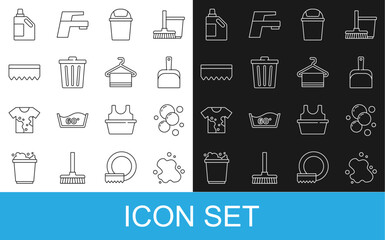 Set line Water spill, Soap water bubbles, Dustpan, Trash can, Sponge, Bottle for cleaning agent and Towel hanger icon. Vector