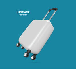 white suitcase or luggage with black plastic handles and four wheels for dragging minimal style floating in air