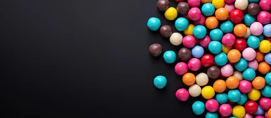 Tuinposter Colorful candy balls are arranged on a gray-black paper background in the format of a horizontal © HN Works
