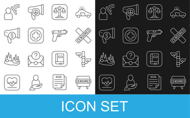 Set line Censored stamp, Security camera, Scales of justice, Hospital signboard, Megaphone and dollar, Police beat human and Pistol gun icon. Vector