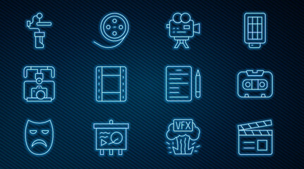 Set line Movie clapper, Retro audio cassette tape, cinema camera, Play Video, Gimbal stabilizer with, for, Scenario and Film reel icon. Vector