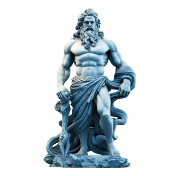 A solitary statue of the deity of the ocean, Neptune (Poseidon), set against a white backround.
