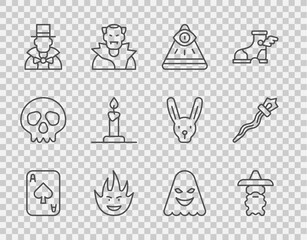 Set line Playing cards, Wizard warlock, Masons, Fire flame, Magician, Burning candle candlestick, Ghost and staff icon. Vector