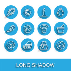 Set line Skull, Ticket, Magic hand mirror, Vampire, Moon stars, ball, Mortar pestle and hat icon. Vector