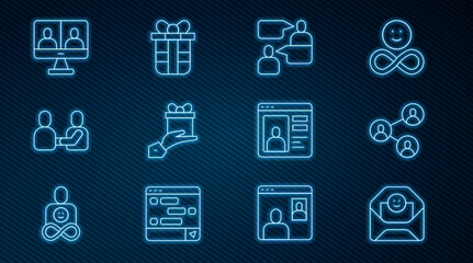 Set line Envelope with Valentine heart, BFF or best friends forever, Two sitting men talking, Give gift, Happy friendship day, Video chat conference, Dating online and Gift box icon. Vector