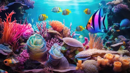Poster Im Rahmen Ocean coral reef underwater. Sea world under water background. Beautiful view of sea life. Ecosystem. AI photography.. © Oksana Smyshliaeva