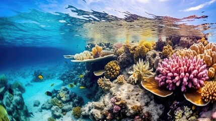 Naklejka na ściany i meble Ocean coral reef underwater. Sea world under water background. Beautiful view of sea life. Ecosystem. AI photography..