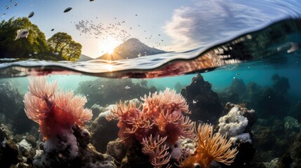 Ocean coral reef underwater. Sea world under water background. Beautiful view of sea life. Ecosystem. AI photography.. - obrazy, fototapety, plakaty