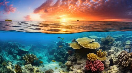 Fototapeta na wymiar Ocean coral reef underwater. Sea world under water background. Beautiful view of sea life. Ecosystem. AI photography..