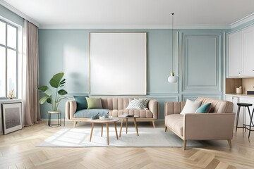 Fototapeta premium Mockup frame in interior background, room in light pastel colors.