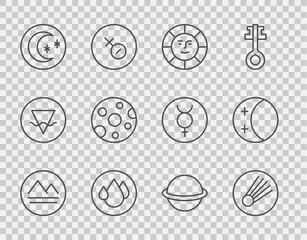 Set line Earth element, Comet, Sun, Water drop, Moon and stars, Full moon, Planet Saturn and Eclipse of the sun icon. Vector