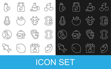 Set line Apple and banana, Leather, No leather, Bottle of olive oil, Tomato, Avocado fruit, Eggplant and Cow head icon. Vector
