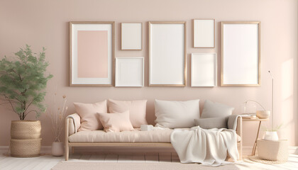 Mockup frame wall in interior background, room in light pastel color.