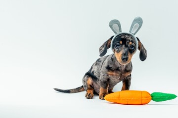 Portrait of an adorable Dachshund playing with a stuffed carrot toy isolated on a white background