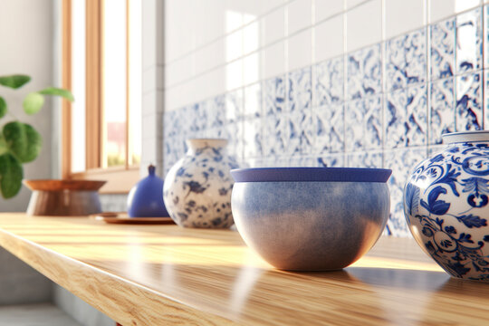 A blurred kitchen blue Terra Cotta tile wall background. (Generative AI)