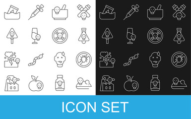 Set line Experimental mouse, Stop colorado beetle, Bottle with potion, Mortar and pestle, Poisoned alcohol, Bones skull, Radioactive waste in barrel and icon. Vector