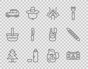 Set line Tree, Portable video game console, Mosquito, Thermos container, Car, Knife, Jug glass with water and French baguette bread icon. Vector