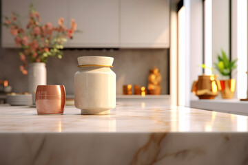 Fototapeta na wymiar A blurred kitchen with jars on the countertop. (Generative AI)