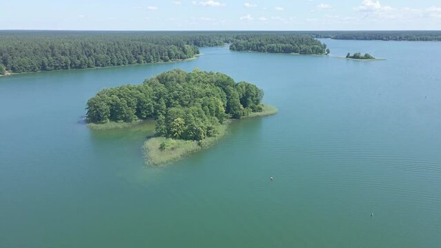 Aerial view of the islands on the lakes near Augustow on a summer,sunny day.