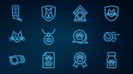 Set line Medicine bottle and pills, Pet toys ball, Dog house, Collar with name tag, Cat, Drinker for small pets, Paw print and Animal health insurance icon. Vector