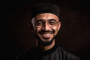 Obraz premium muslim young adult man smiling on a black background