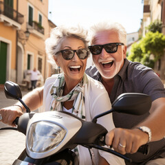 Fototapeta na wymiar Retired couple on a scooter, happy seniors on vacation