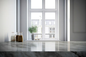 Fototapeta premium A kitchen marble table countertop near a window. (Generative AI)