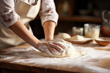 Obraz na płótnie Canvas Female hands kneading dough on wooden kitchen table