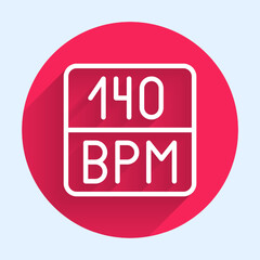 White line Bitrate icon isolated with long shadow. Music speed. Sound quality. Red circle button. Vector