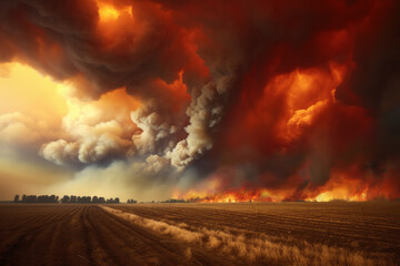Raging wildfire in agricultural landscape, with a horizon lit by flames against smoke filled red apocalyptic sky