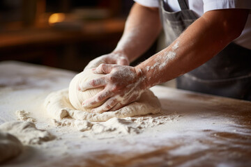 Male hands kneading dough on wooden kitchen table