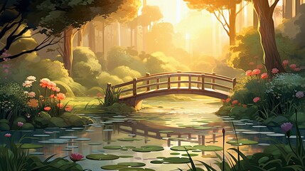 Tranquil pond, Emphasizing the water lilies, Gentle ripples, Overhanging willows, Serene footbridge, Generative AI