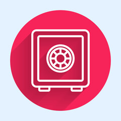White line Safe icon isolated with long shadow background. The door safe a bank vault with a combination lock. Reliable Data Protection. Red circle button. Vector