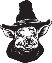 Halloween Pig in a witch hat, Vintage Pig head, Vector illustration, SVG