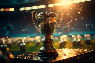 trophy cup on wooden table. winner concept. - obrazy, fototapety, plakaty