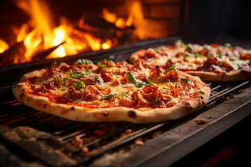 delicious pizza with meat and vegetables on wooden table in restaurant