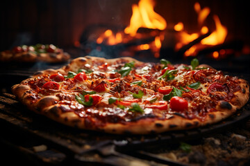 delicious pizza with meat and vegetables on wooden table in restaurant,Generative AI