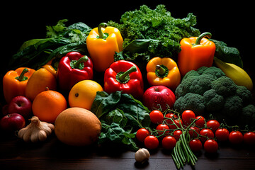 Fototapeta na wymiar fresh vegetables and fruits on black background.Generative AI