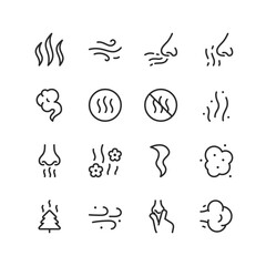 Smell, linear style icons set. Symbols of odor. Fragrance, odor and odorlessness. The sensation and perception of odors. Fragrance and unpleasant odor. Editable stroke width - obrazy, fototapety, plakaty