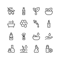 Oil, linear style icons set. For cooking, cosmetics, household use. Olive oil, oil from plants, aromatic oils. Types of containers and uses. Editable stroke width