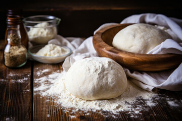 Ball of pizza dough and flour on wooden kitchen table